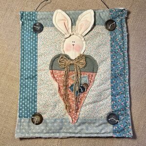 Fabric Rabbit Bunny 12 x 10 inch Wall Hanging--Handmade--Precious--Teal/Peach